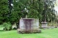 Peaceful scene of large trees surrounding old, weathered gravestones, Saratoga Monument and Victory Woods Cemetery, 2019