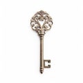 Beautiful old ornate decorative key, vintage design element, isolated object, close-up, top view, flat lay on sample Royalty Free Stock Photo