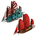 Beautiful old sailboat with red sails isolated on a white background. Ship after shipwreck is overgrown with polyps and