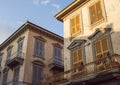 Beautiful, old sunlit house facades in Levanto, Italy.