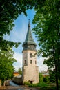 Beautiful old tower with a triangular roof