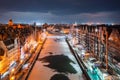 Beautiful old town in Gdansk over Motlawa river at winter dusk, Poland Royalty Free Stock Photo