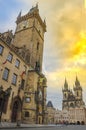 Beautiful Old Town Square with Church of our Lady Tyn and medieval astronomical clock on the Old Town Hall Tower, in Prague, Czech Royalty Free Stock Photo