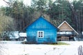 Beautiful old traditional wooden blue house in the village Royalty Free Stock Photo