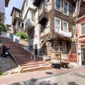 Old traditional wooden and stone houses, and stone staircase, in old Balat district, on a summer day, Istanbul, Turkey Royalty Free Stock Photo
