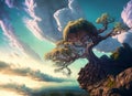 beautiful old tree grown on the edge of a rock with amazing clouds on the side. Generative AI Royalty Free Stock Photo