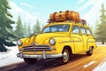 Beautiful old vintage retro yellow car is driving through a winter snowy forest among fir trees with a suitcase on the Royalty Free Stock Photo