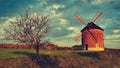 Beautiful old windmill. Landscape photo with architecture at sunset golden hour. Chvalkovice - Czech Republic - Europe. Royalty Free Stock Photo