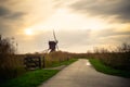 Old windmills in Kinderdijk at sunrise, Holland, Netherlands, Eu Royalty Free Stock Photo