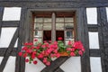 Beautiful old window frame with flower box. Royalty Free Stock Photo