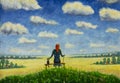Beautiful old woman grandmother sits with cat on bench and enjoys flowering summer field and blue sky with large clouds