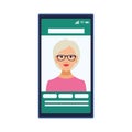 Beautiful old woman wearing glasses in smartphone character