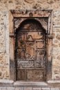 Beautiful old wooden brown door with handle in ancient city of Antalya Royalty Free Stock Photo