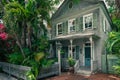 Beautiful old wooden house in spanish colonial style with a porch. Wooden district of Key West, Florida.