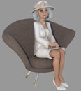 Beautiful older silver-haired grandmother woman sitting on an upholstered chair on an isolated gray background