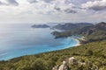 Beautiful oludeniz beach from cliff in mountains near mediterranean sea
