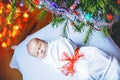 Beautiful one week old newborn baby wrapped in blanket near Christmas tree with colorful garland lights on background Royalty Free Stock Photo