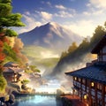 Beautiful Onsen Korea with mountain view in 3D design graphuc