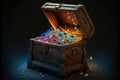 Beautiful Open treasure chest full of treasure gold, money, and pearls. Royalty Free Stock Photo