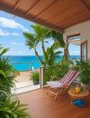 Beautiful open veranda summer patio sunny mediterranean decoration palm balcony Royalty Free Stock Photo