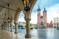 Beautiful open view of the main square of Krakow. Mary`s church