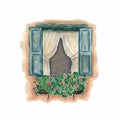 Beautiful open Window with blooming roses flowers. Watercolor hand painted illustration.Watercolor traditional old-fashioned Royalty Free Stock Photo