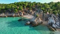 Beautiful orange beach Kavourotripes , Sitonia, Halkidiki, Greece. Aerial shot of lagoon with turquoise water, sandy Royalty Free Stock Photo