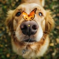Beautiful orange butterfly close-up photo sitting on its big golden retriever dog dog friend\'s nose. tu
