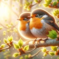 Beautiful Orange European Robins Springtime Morning Sunrise Tree Branch Small Birds AI Generated