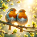 Beautiful Orange European Robins Springtime Morning Sunrise Tree Branch Small Birds AI Generated