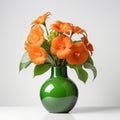 Beautiful orange flowers in luxury green vase, elegant. Isolated on white background.