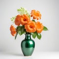 Beautiful orange flowers in luxury green vase, elegant. Isolated on white background.