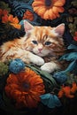 Beautiful orange fluffy kitten surrounded by a vibrant array of flowers