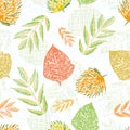 Beautiful orange and green autumn leaves with blue speckles in woodcut style design. Seamless vector pattern on textured