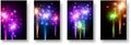 Beautiful orange, green and blue fireworks display lights up the sky during night time celebration. Set of cards Royalty Free Stock Photo