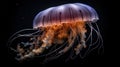 Beautiful Orange Jellyfish dansing in the dark blue ocean water, generative ai