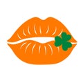 Beautiful orange lips with clover leaves isolated on white background. Flat clipart image. Happy St. Patrick's Day Royalty Free Stock Photo