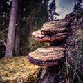 A beautiful, orange mushroom growing on an old, rotten tree stump. Spring scenery in forest with fungi. Royalty Free Stock Photo