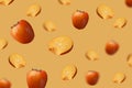 Beautiful orange persimmon fruit card. Creative background with persimmon. Levitation, flying persimmon