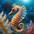 Beautiful orange seahorse with sea plants in the ocean Royalty Free Stock Photo