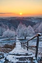 Beautiful orange sunset scenery over hills and stairs that leads into the forest in Croatia, hrvatsko zagorje