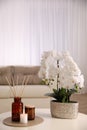 Beautiful orchid and air reed freshener on table indoors. Interior design