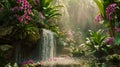 Beautiful orchid garden with a small waterfall.