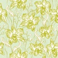 Beautiful Orchid. Hand drawn set on light blue background olive Green pink white contour sketch seamless pattern, card banner desi