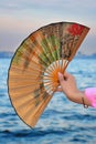 Beautiful oriental fan in female hand