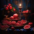 A beautiful oriental table with pomegranate and other fruits is a traditional Yalda night