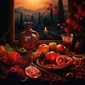 A beautiful oriental table with pomegranate and other fruits is a traditional Yalda night