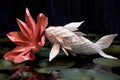 beautiful origami koi fish swimming among paper lily pads