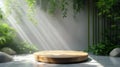 Beautiful original background image of an empty wooden podium and space with green plants. Blurred backdrop with a play of light