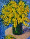 Beautiful original painting of a still life of Yellow flowers in a green vase. Oil on canvas